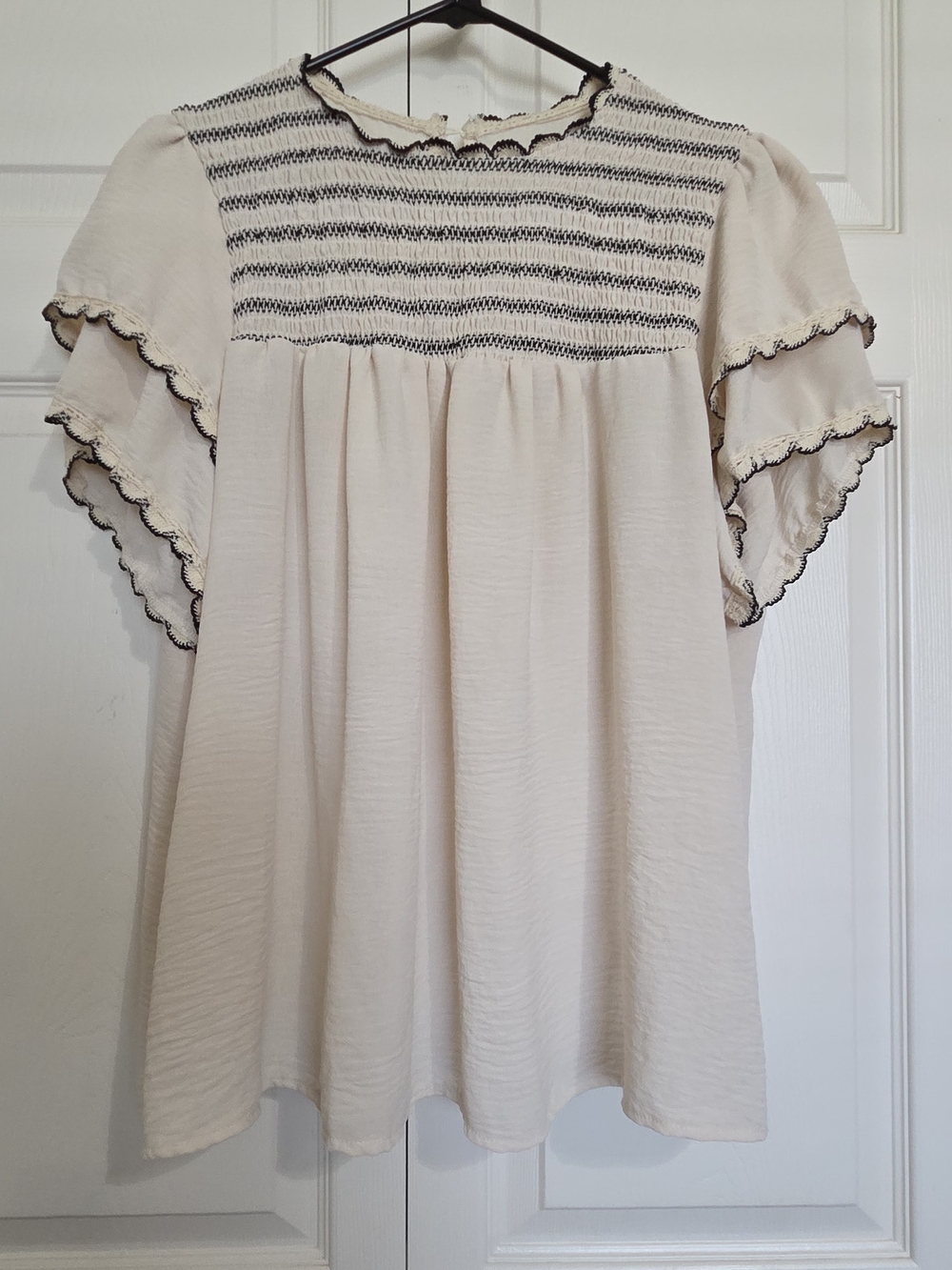 SHEIN Cream Smocked Ruffle Sleeve Blouse with Black Trim